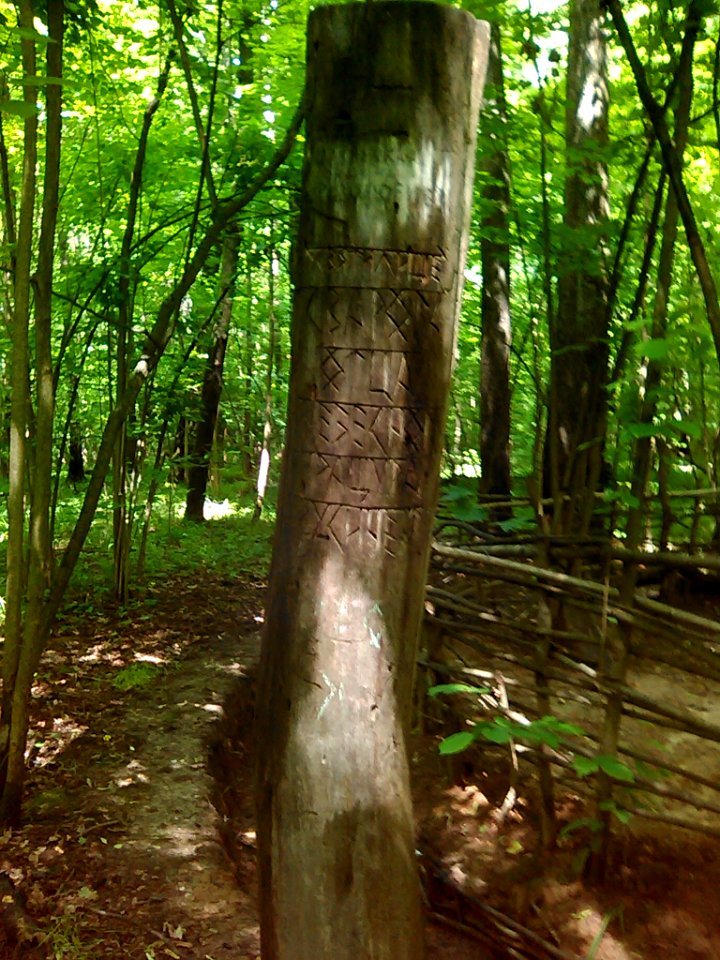 Trunk with inscriptions at a Svarog's shrine in Bitsa Park, Moscow