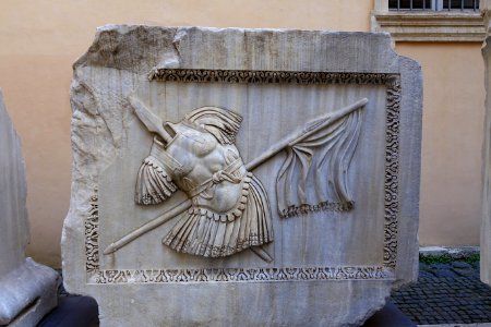 Trophy of arms, relief from the Temple of Hadrian, 1 of 3, 145 AD, marble - Musei Capitolini - Rome, Italy - DSC06221