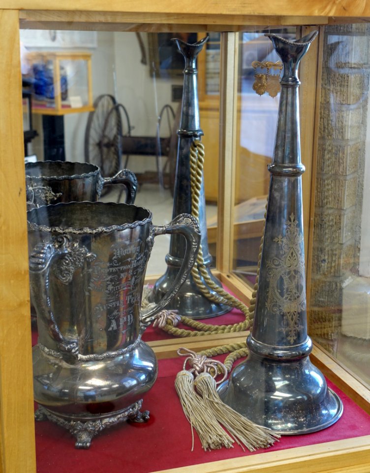 Trophy urn and speaking trumpet - Austin Fire Museum - Austin, Texas - DSC09334