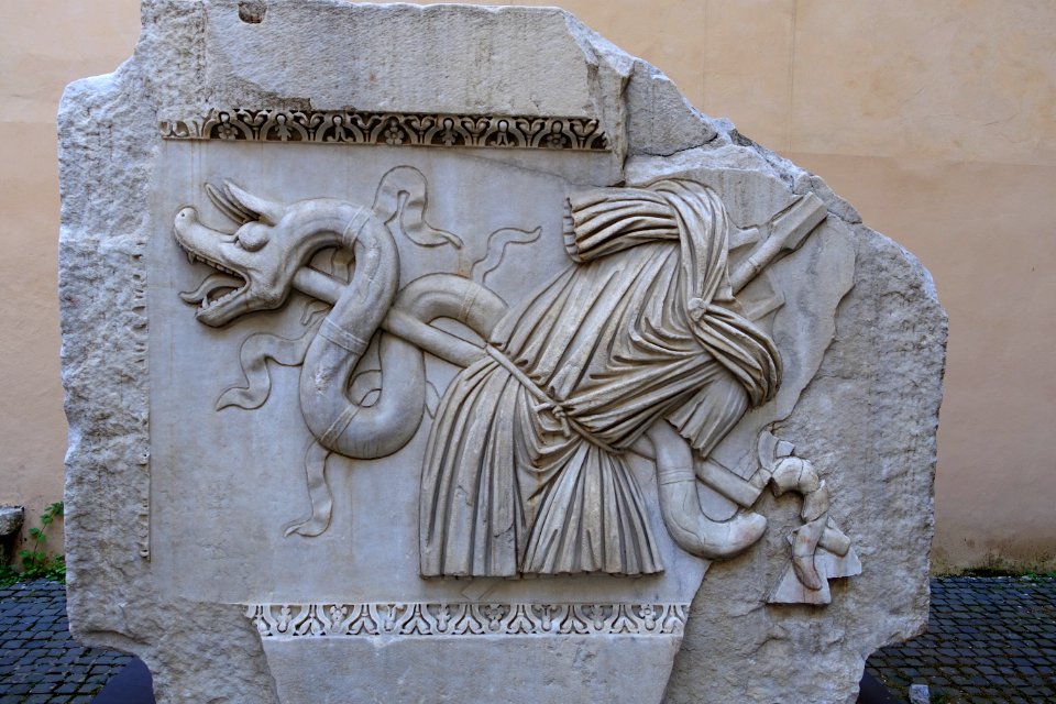 Trophy of arms, relief from the Temple of Hadrian, 3 of 3, 145 AD, marble - Musei Capitolini - Rome, Italy - DSC06230