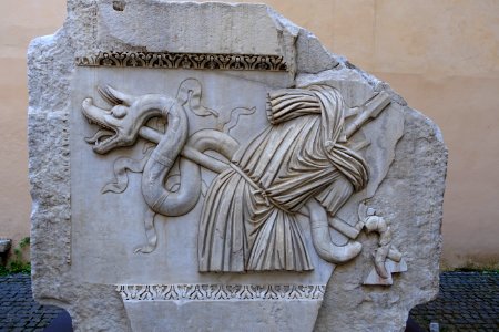 Trophy of arms, relief from the Temple of Hadrian, 3 of 3, 145 AD, marble - Musei Capitolini - Rome, Italy - DSC06230