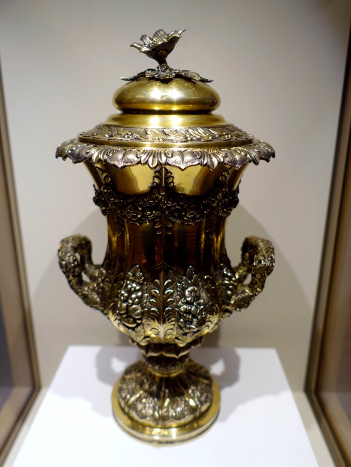 Trophy presented to Boston merchant William C. Rogers after he delivered the first shipment of American ice to India, Hamilton & Co., Kolkata, 1833, gilt silver - Peabody Essex Museum - Salem, MA - DSC05257
