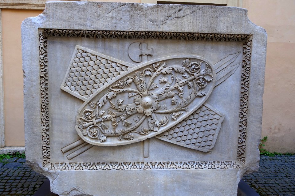 Trophy of arms, relief from the Temple of Hadrian, 2 of 3, 145 AD, marble - Musei Capitolini - Rome, Italy - DSC06226