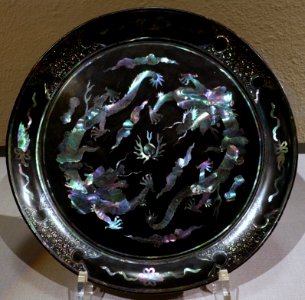 Tray with paired dragons, Okinawa Main Island, Second Sho dynasty, Ryukyu kingdom, 1700s-1800s AD, lacquered wood, mother-of-pearl inlay - Tokyo National Museum - Tokyo, Japan - DSC09120