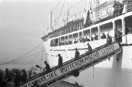 Troepentransportschip de Seven Seas met militairen teru uit Nieuw-Guinea in Rott, Bestanddeelnr 914-4852
