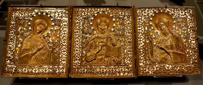 Triptych of the Virgin Mary, Christ Pantocrates, and John the Baptist, Russian, late 1600s to early 1700s, brass, enamel - Jordan Schnitzer Museum of Art, University of Oregon - Eugene, Oregon - DSC09284