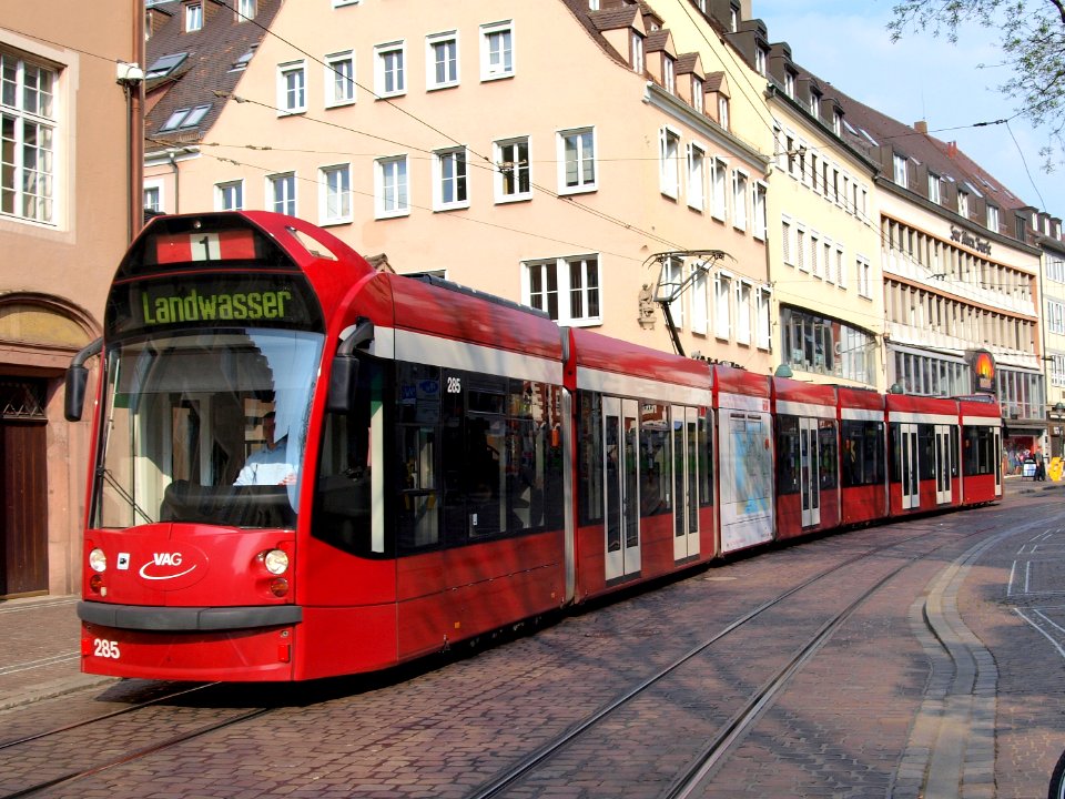 VAG Tram car 285, line 1 towards Landwasser at Freiburg, Germany p2