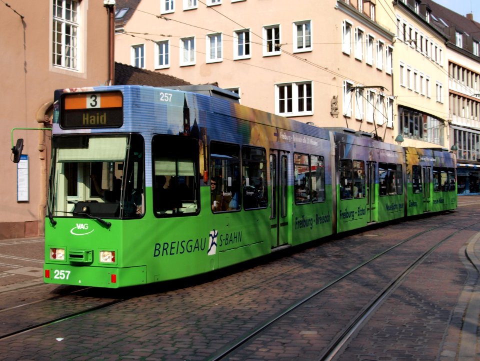 VAG Tram car 257, line 3 towards Haid at Freiburg, Germany