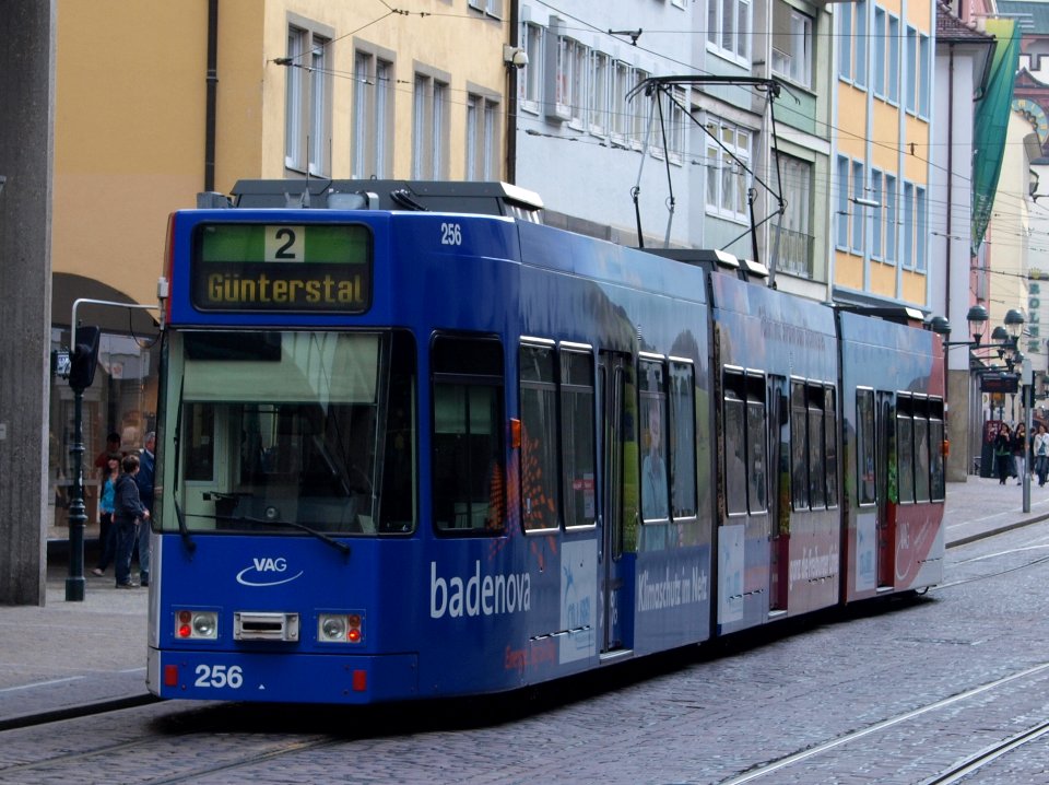 VAG Tram car 256, line 2 towards Gunterstal at Freiburg, Germany p1