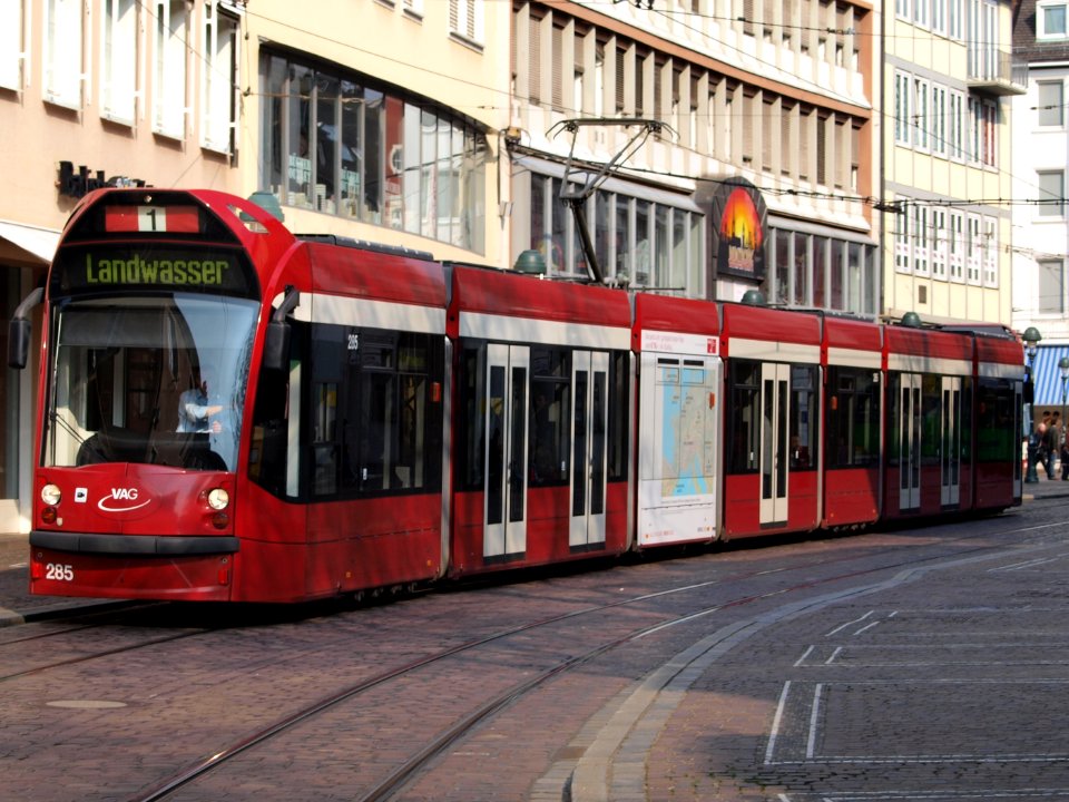 VAG Tram car 285, line 1 towards Landwasser at Freiburg, Germany p1