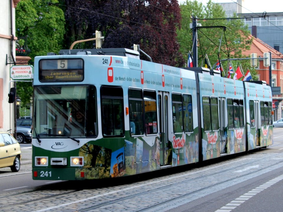 VAG Tram car 241, line 5 towards Zahringen at Freiburg, Germany p1