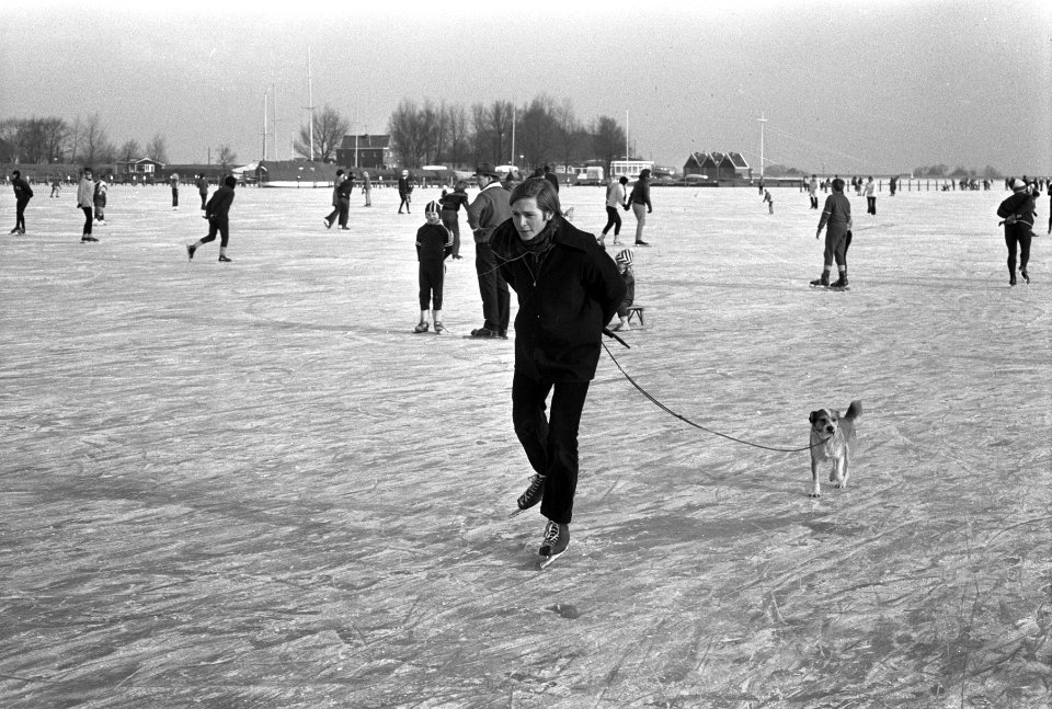 Veel schaatsers op Gouwzee, schaatser met hond, Bestanddeelnr 925-3482