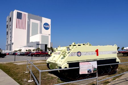 Vehicle Assembly Building and M113 Armored Escape Vehicle - Kennedy Space Center - Cape Canaveral, Florida - DSC02738-001