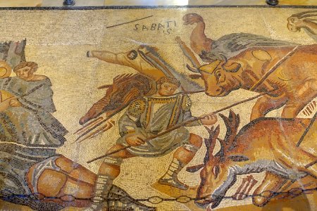 Venatio, fragment, Roman, 300-400 AD, marble and limestone mosaic - Galleria Borghese - Rome, Italy - DSC04949