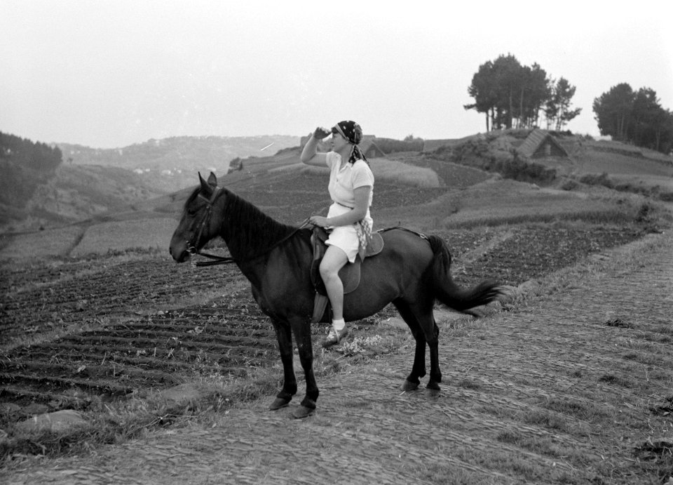 Van de Polls vrouw Nell Langlais op een paard op een tocht in het binnenland van, Bestanddeelnr 190-0183