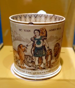 Van Amburgh souvenir mug, Robert Godwin, Staffordshire, c. 1850, ceramic - Circus Museum - John and Mable Ringling Museum of Art - Sarasota, FL - DSC00186
