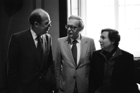 Van links naar rechts Minister De Ruiter (CDA, Justitie), Roethof (PvdA) en Haas, Bestanddeelnr 931-7966