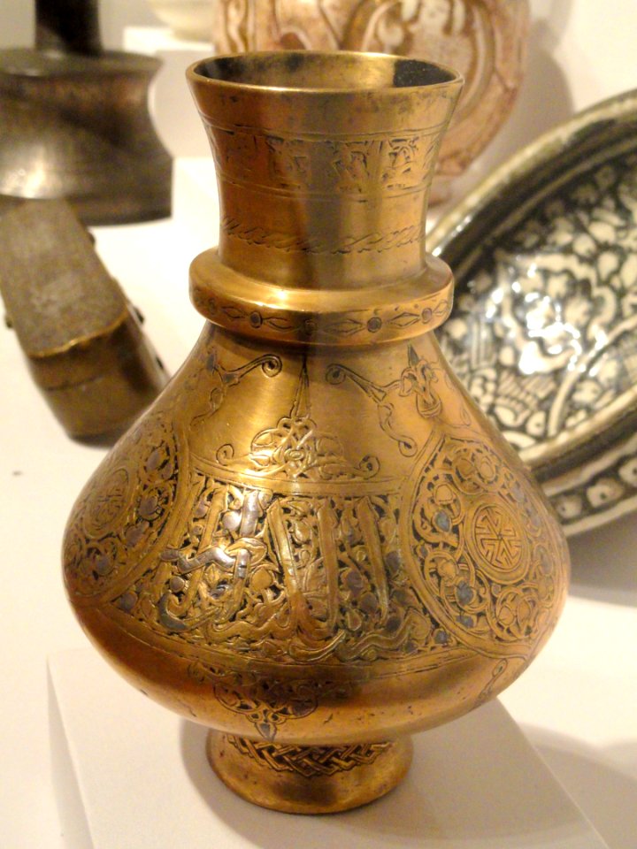 Vase with Inscription Bands and Arabesques, view B, mid 14th century, Mamluk period, Egypt or Syria, incised brass with silver inlay - Sackler Museum - DSC02517