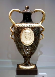 Vase with snake handles and applied medallion, inscribed Rafeaelle Scanctio, 1771-1774, Queen's ware with black basalt base - Wedgwood Museum - Barlaston, Stoke-on-Trent, England - DSC09597