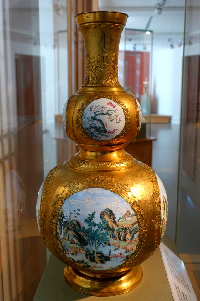 Vase with figures and flowers in the form of a double gourd, view 2, Guangzhou Imperial Workshop, Qing dynasty, Qianlong period, 1736-1795, copper alloy, enamels - Peabody Essex Museum - Salem, MA - DSC05103
