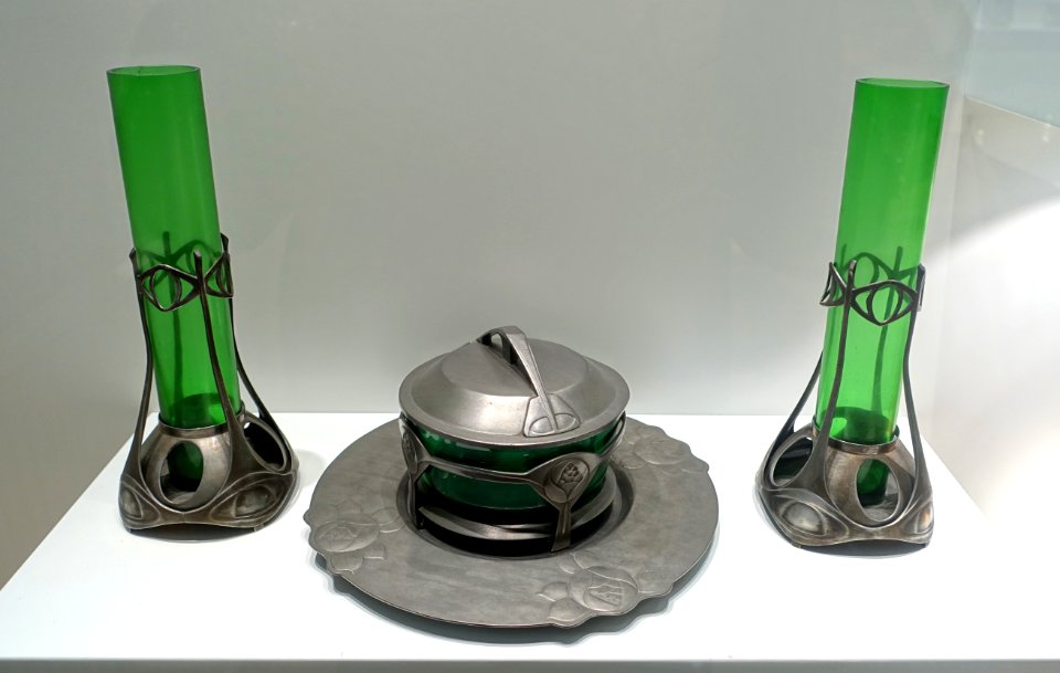 Vases and butter dish, designer Joseph Maria Olbrich, Metallwarenfabrik Eduard Hueck, c. 1901-1902, tin, glass - Museum Künstlerkolonie Darmstadt - Mathildenhöhe - Darmstadt, Germany - DSC06306