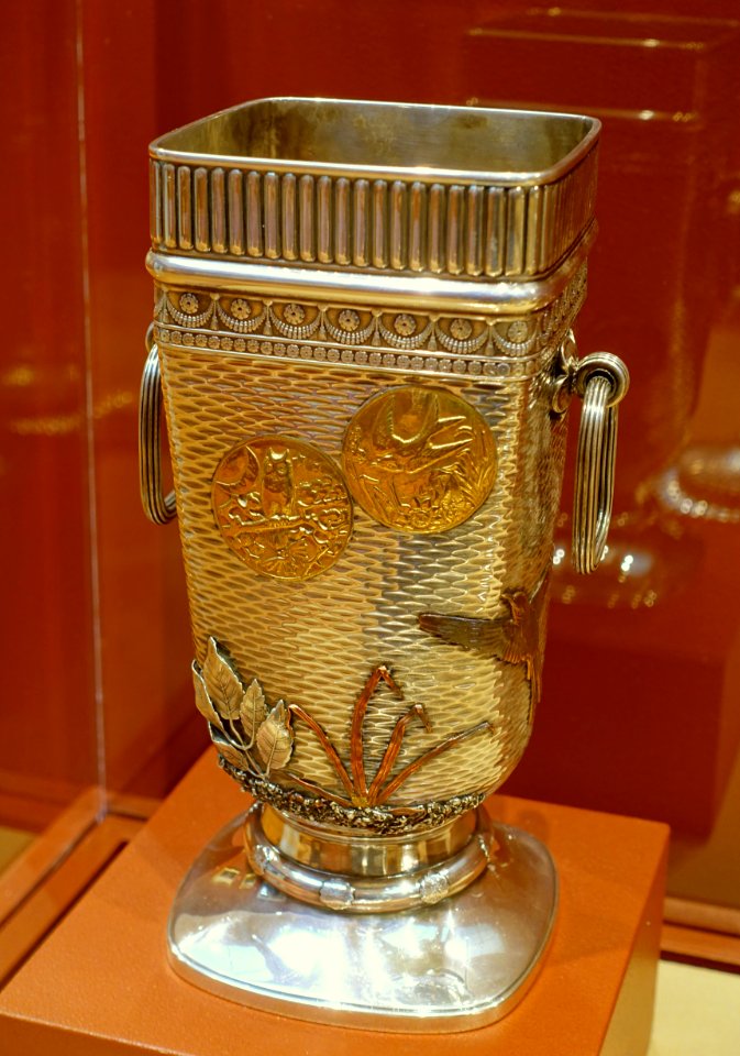 Vase, Gorham and Company, c. 1880, silver with gold and copper appliques - Currier Museum of Art - Manchester, NH - DSC08021