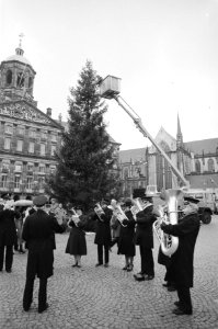 Vandaag is op de Dam te Amsterdam weer een grote kerstboom geplaatst, kerstboom , Bestanddeelnr 931-2066