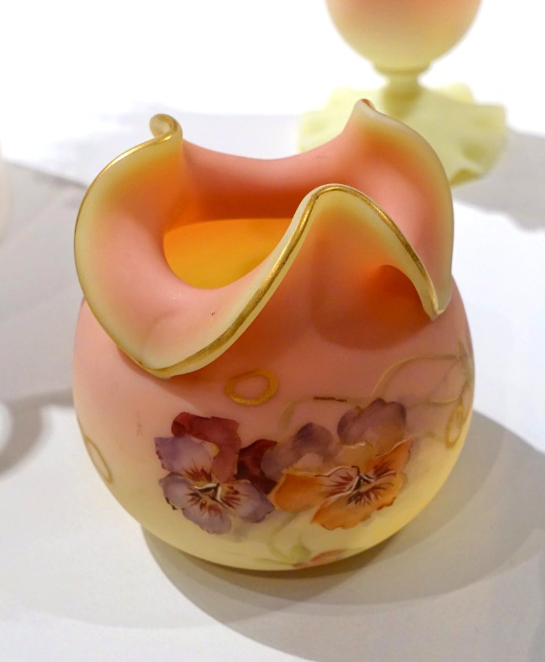 Vase, Mount Washington Glass Company, New Bedford, Massachusetts, 1886-1890, Burmese blown glass with painted decoration - Peabody Essex Museum - DSC07279