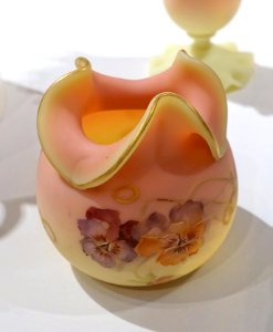 Vase, Mount Washington Glass Company, New Bedford, Massachusetts, 1886-1890, Burmese blown glass with painted decoration - Peabody Essex Museum - DSC07279