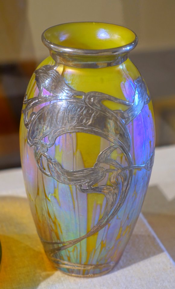 Vase by Johann Loetz Witwe, Bohemia, c. 1900, blown, iridescent glass with silver overlay - Portland Museum of Art - Portland, Maine - DSC04324