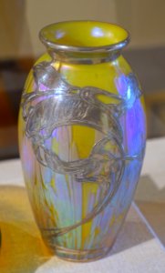 Vase by Johann Loetz Witwe, Bohemia, c. 1900, blown, iridescent glass with silver overlay - Portland Museum of Art - Portland, Maine - DSC04324