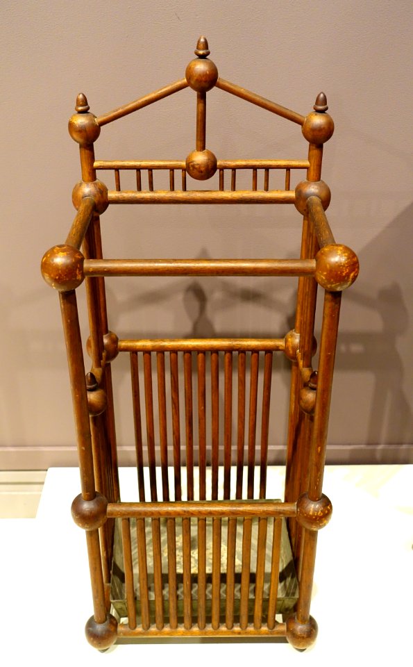 Umbrella stand, made by H. T. Cushman Manufacturing Company, North Bennington VT, c. 1891-1892, birch with brass and steel fittings - Bennington Museum - Bennington, VT - DSC09140