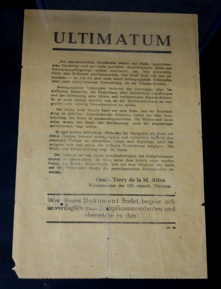 Ultimatum issued by General Terry de la M. Allen, World War II - Fort Devens Museum - DSC07173