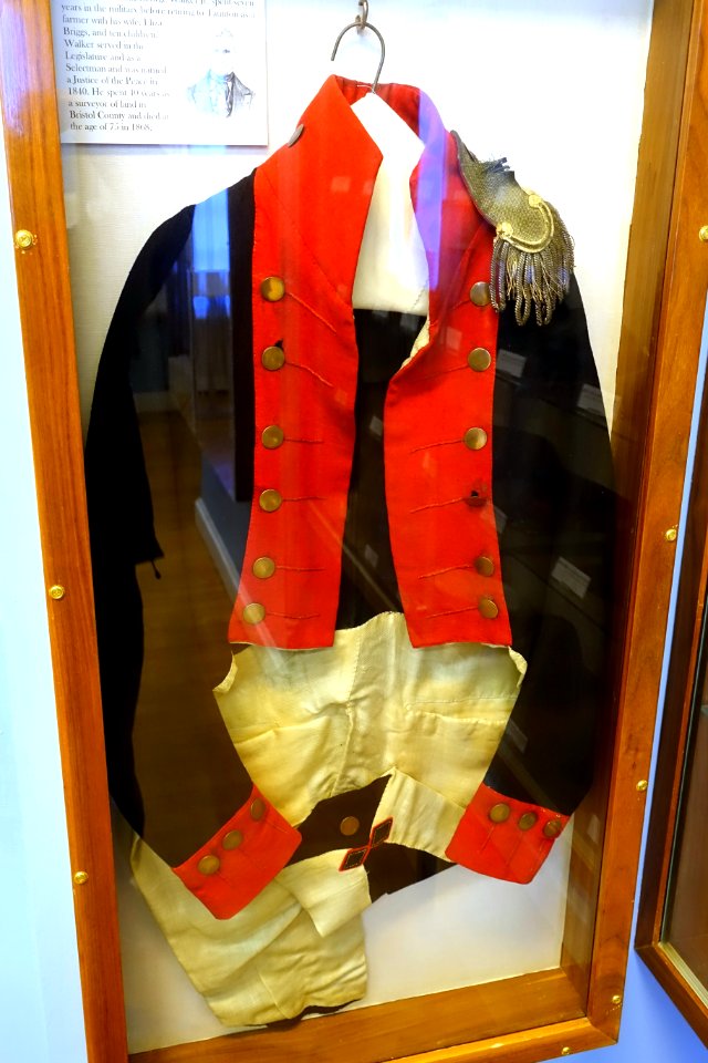Uniform coat and epaulet worn by Ensign George Walker, Jr., c. 1812-1815, wool, brass, silver, metal - Old Colony History Museum - Taunton, Massachusetts - DSC03927