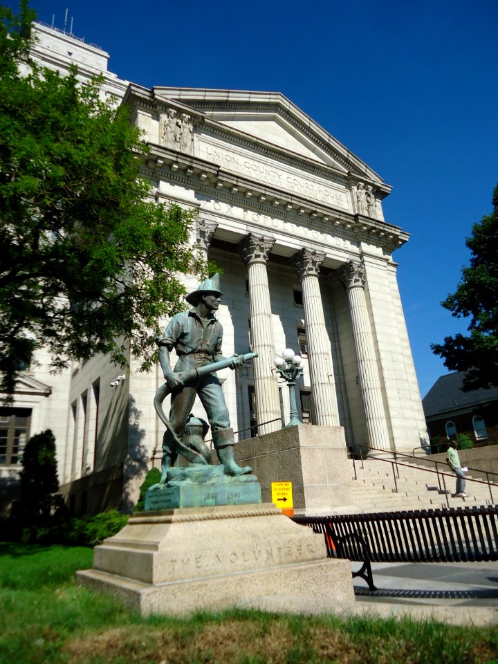 Union County Courthouse Elizabeth New Jersey with bench and statue