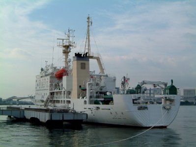 Umitaka-maru, back style , an investigation ship of Tokyo University of Marine Science and Technology ,at the Harumi Pier of tokyo Port