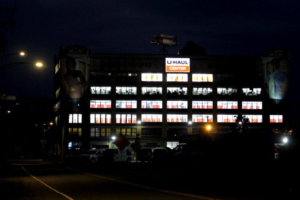 U-Haul Building at night in Albany, New York