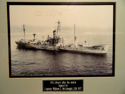 USS Liberty after the attack, photograph signed by Captain William L. McGonagle - National Cryptologic Museum - DSC07638