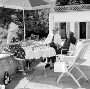 V.l.n.r. Hilde Eschen, Hermann Kreisselmeier en Walter Mehring zittend op een te, Bestanddeelnr 254-5036