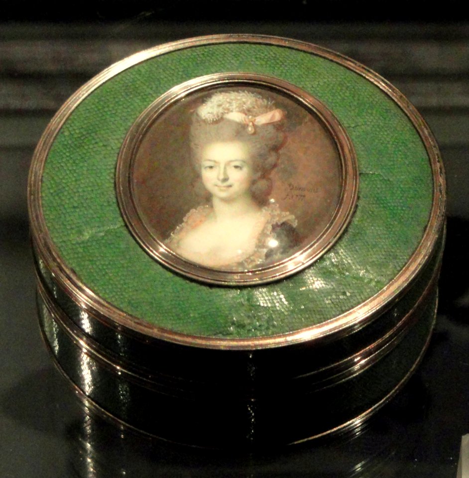 Unknown lady, miniature portrait by Francois Dumont, 1777, watercolor on ivory, shagreen and silver box - Royal Ontario Museum - DSC09492