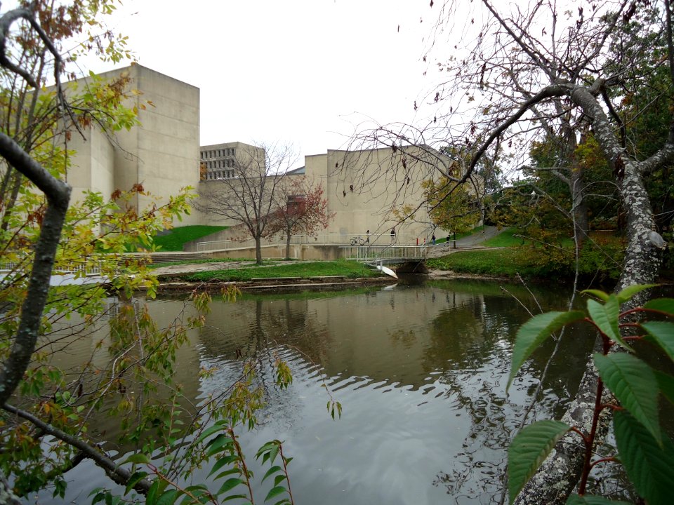 University of Massachusetts at Amherst campus view lake and art gallery