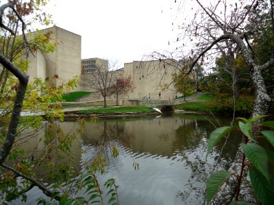 University of Massachusetts at Amherst campus view lake and art gallery