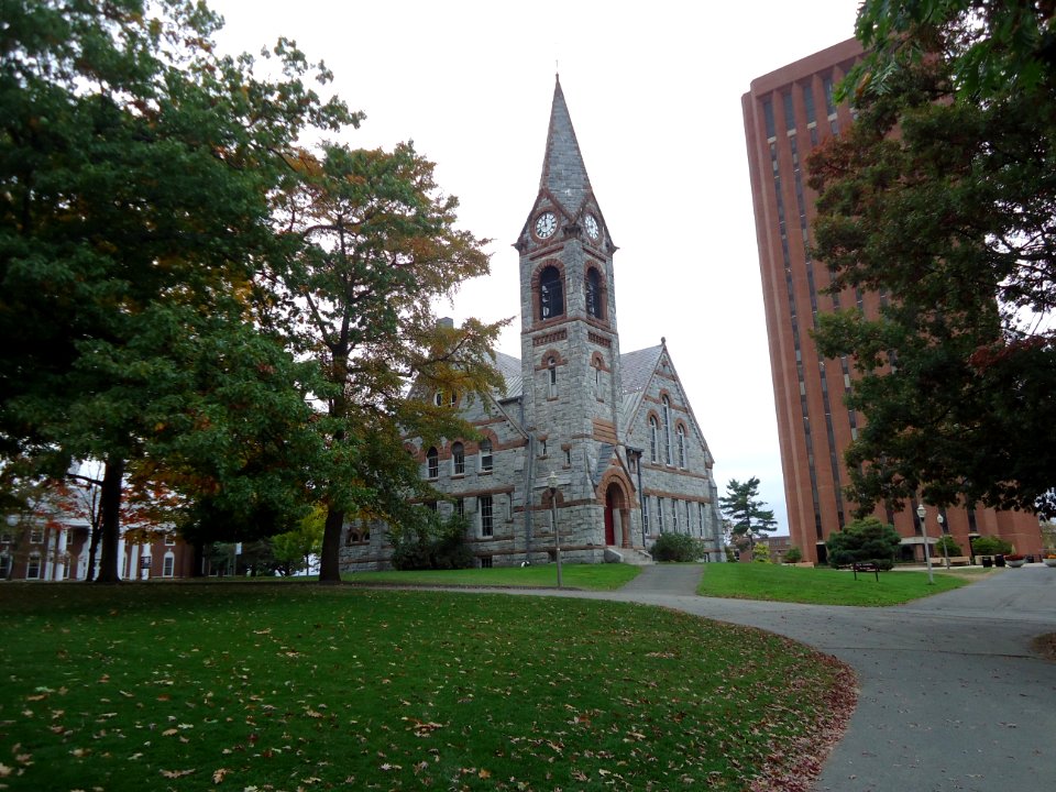 University of Massachusetts at Amherst campus view DuBois library and chapel (center)
