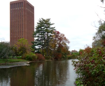 University of Massachusetts at Amherst campus view lake and DuBois library (left)