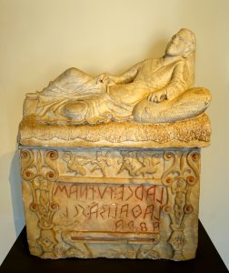 Urn with reclining male figure and kline-shaped chest with inscription, Chiusi, first half of the 3rd century BC, alabaster, inv. 13897 - Museo Gregoriano Etrusco - Vatican Museums - DSC01105