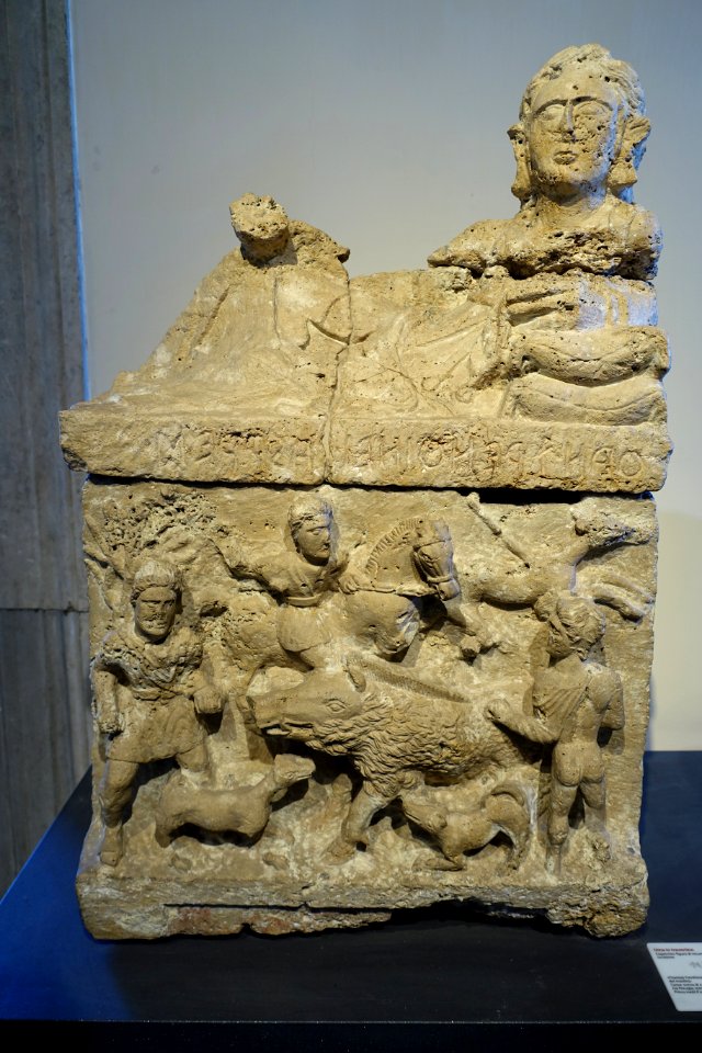 Urn with reclining female figure, inscription, and boar scenes, Perugia, first half of the 2nd century BC, inv. 13899 - Museo Gregoriano Etrusco - Vatican Museums - DSC01100