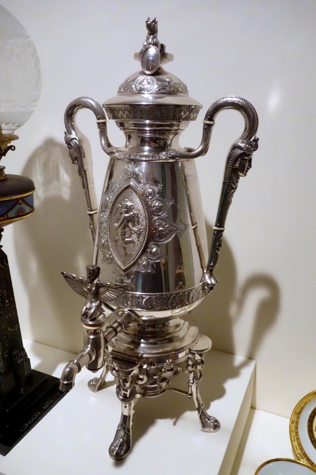 Urn with Egyptian figures, part of a six-piece tea and coffee service, J. E. Caldwell & Company, Philadelphia, c. 1875, silver and ivory - Brooklyn Museum - DSC09167