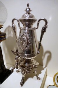 Urn with Egyptian figures, part of a six-piece tea and coffee service, J. E. Caldwell & Company, Philadelphia, c. 1875, silver and ivory - Brooklyn Museum - DSC09167