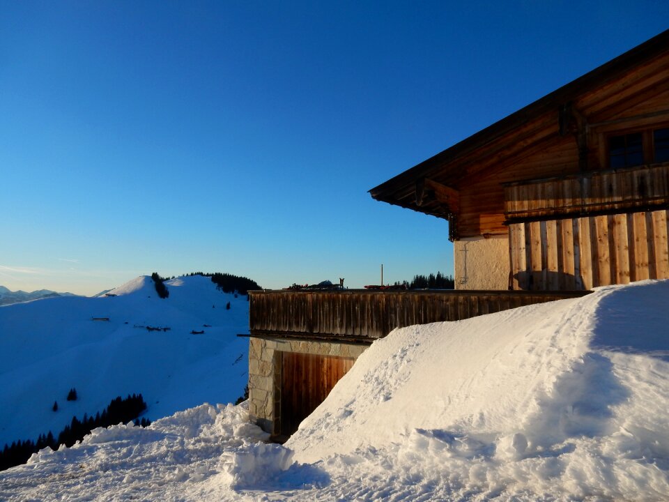 Snow austria mountain hut photo