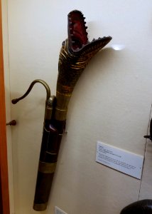 Upright serpent, made by Veuve Rust et Dubois, Lyon, France, c. 1830, maple, brass, view 1 - Casadesus Collection of Historic Musical Instruments - Boston Symphony Orchestra - 20180113 175544